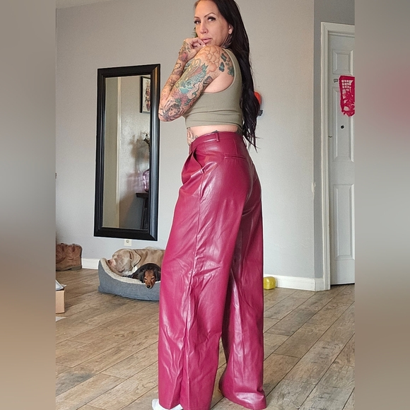 Red Faux Leather Boot Cut Pants - Picture 4 of 9